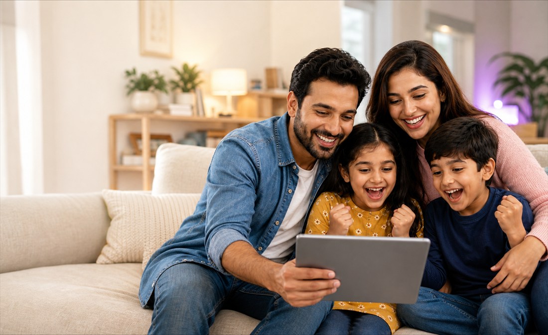 A happy couple with their son and daughter watching a video together on a tablet