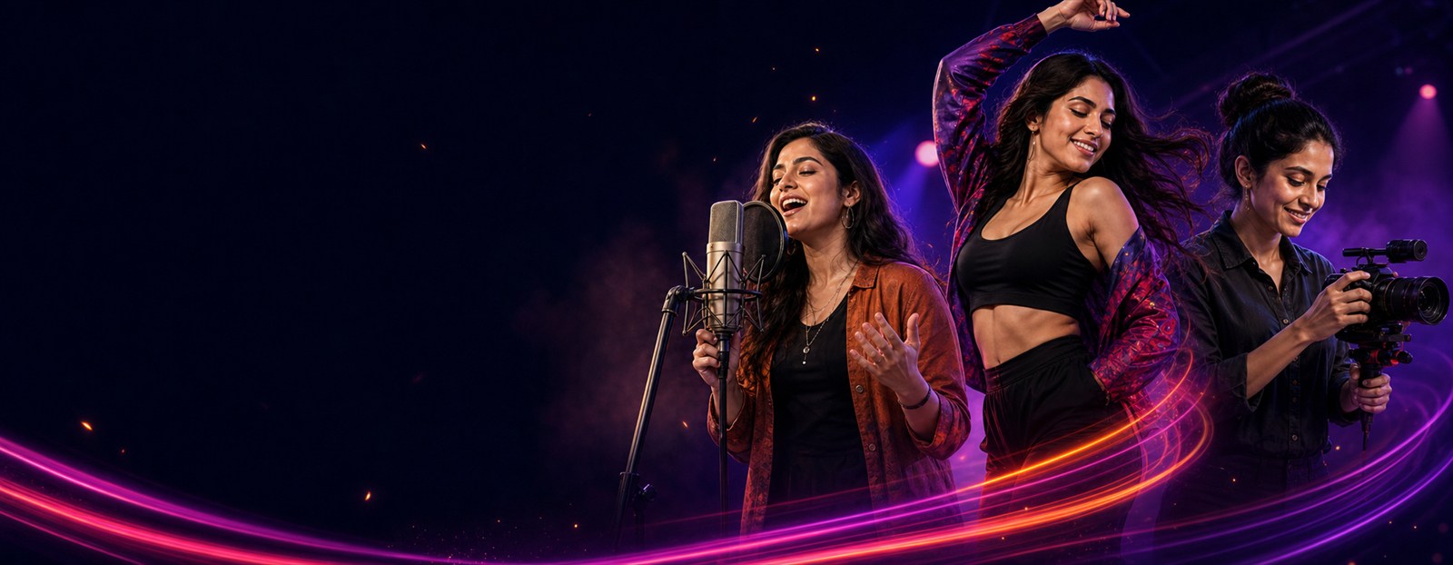 A singer, dancer, and filmmaker creating content under colorful stage lights