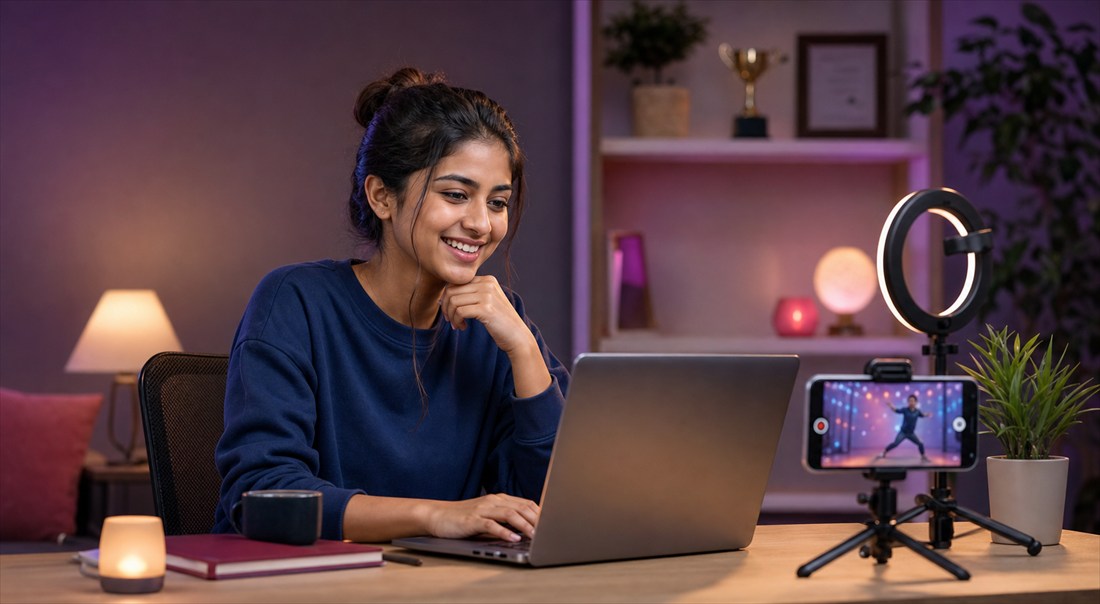 A participant preparing a short video submission with a laptop and phone recording setup